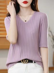 Áo Thun Nữ Tay Ngắn Dáng Ôm Vừa Vặn Cổ Chữ V Màu Trơn Thường Ngày Mùa Hè 2023 Áo Sơ Mi Dệt Kim Đa Năng