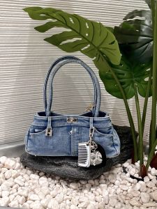 Retro Washed Denim Tote Bag Large Capacity French Bread Bag Long Handle Single Shoulder Underarm Crossbody Niche Design