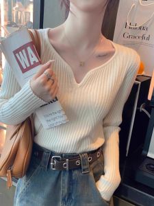 Áo Len Dệt Kim Dài Tay Cổ Hạc Kiểu Hàn Quốc Thanh Lịch Cho Nữ Áo Len Mặc Trong Dáng Ôm Cổ Chữ V Mùa Thu Đi Làm