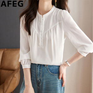 AFEG solid color Korean version stand collar fashion loose temperament chiffon seven-point sleeve blouse