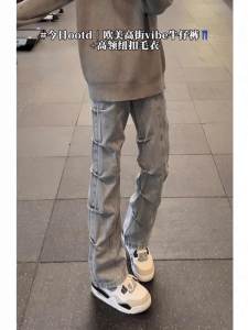 กางเกงยีนส์ทรงหลวมเอวกลาง ทรงขาบาน ทรงหลวม กางเกงขายาวผู้ชาย ทรงลำลอง สไตล์อเมริกัน สีน้ำเงินเข้าตาข่าย กางเกงขายาวทรงหลวม