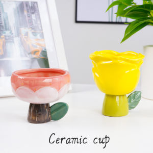 Hand-Painted Ceramic Bowl Japanese Style Dessert Salad Fruit Cup High Footed Stand Pet Bowl Ornament Gift Wind Decoration