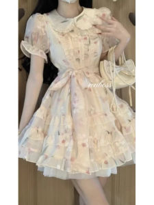 French Sweet Doll Collar Floral Print Puffy Short Skirt Womens Summer Fairy Tale Waist Cinching Fairy Skirt A-Line Dress