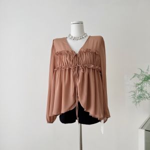 เสื้อเชิ้ตผ้าชีฟองแขนยาวคอวีสไตล์หวานๆ สำหรับผู้หญิงในฤดูใบไม้ร่วง ทรงหลวมๆ สไตล์ลำลอง เสื้อคลุมกันแดด เสื้อผ้าทำงาน