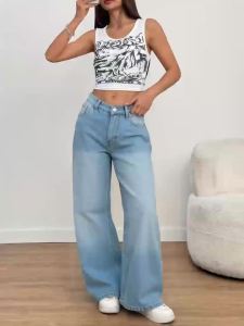 Womens High-Waisted Retro Straight-Leg Denim Trousers Comfortable Wide-Leg Casual Versatile Pants for Outings