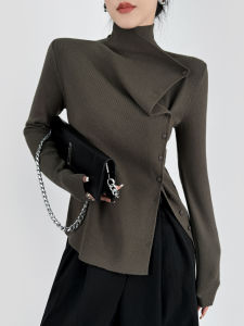 Áo Len Dệt Kim Cổ Cao Không Đều Double Z Áo Sơ Mi Nữ Mùa Đông Thanh Lịch Thon Gọn Mặc Trong Áo Len Cổ Chéo