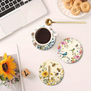 2D Retro Floral Design Wooden Coasters Set for Coffee Shop Office Bar Home Decor Gift Heat Insulation Anti-Slip Photography Prop