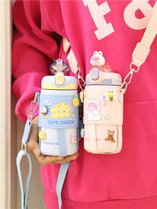 Adorable Childrens Insulated Water Bottle with Straw Anti-Fall Crossbody Cup for Kindergarten Girls Prevent Choking