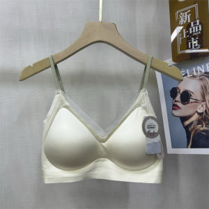 Seamless Satin Lace V-neck Tank-style Bra Womens Color Block Fixed Cup Gathered Underwear Youth Female Comfortable Bralette