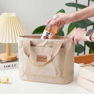 Large Capacity Canvas Handbag Pure Color Commuter Lunch Box Bag Portable Shopping Bag Casual Simple Style Soft Polyester Lining