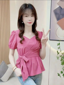 French Style Short Sleeve Shirt Womens Fashionable Top Slimming V-Neck Casual Shirt Breathable Comfortable Material