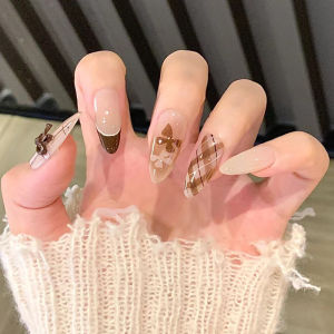 24Pcs Mid-length Almond Cow Print French False Nails with Grid Round Head Pink Bow Nail Tips Stick on Reusable Fake Nail Set