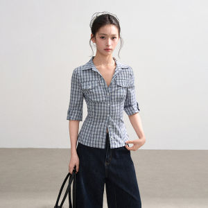 BAIDAIFEI | Blue Check Polo Collar Short Sleeve Fitted Shirt