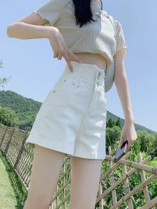 White High Waist Denim Shorts Women Summer Slimming Tummy Covering Button American Hot Girl Casual Trendy INS Cotton Stretch Denim