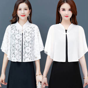 Áo Khoác Ren Voan Mỏng Mùa Hè Cho Nữ Áo Khoác Ngoài Che Nắng Áo Choàng Cổ Bẻ Tay Dài Không Tay Cổ Chữ V Màu Trơn