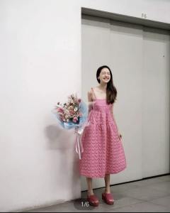 P010-075 PIMNADACLOSET - Spaghetti Strap Tie Shoulder Heart Embroidery Square Neck Midi Dress