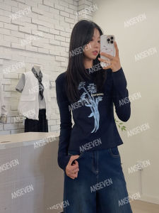 Blue Fog Flower Sea Long Sleeve T-Shirt Casual Sports Leisure Versatile Slimming CoolINS Barn Style Womens Cotton Tee