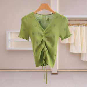 Age-defying Flower-embroidered Adjustable Drawstring Slim Fit Knitted Sweater
