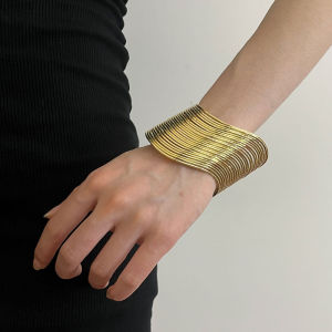 French Vintage Open Hand Bracelet: A Sensational Wide Version Metal Geometric Wave Form Arm Ring