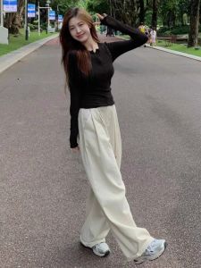 Slim Fit Cotton Long Sleeve T-Shirt Womens Spring Autumn Button up Halter Neck Base Shirt Sweet And Spicy Casual Top