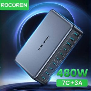 Rocoren 480W USB C Charger 10 Ports Type C Charging Station Multiple Devices Gan Fast Charger Station Desktop For MacBook iPhone