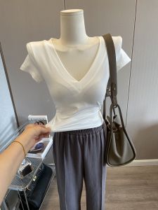 Áo Thun Nữ Cổ Chữ V Tay Ngắn Màu Trơn Ôm Vừa Vặn Mặc Trong Mùa Xuân Thu Thường Ngày Dài Tay Áo Lót