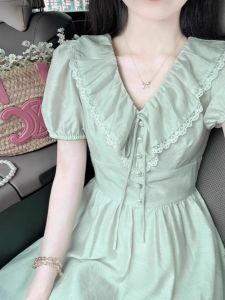 Plus Size French Style Gentle Chiffon V Neck Dress Womens Summer Plus Size Ladies Waist-Tight Slimming Puff Sleeve Tea Break Dress