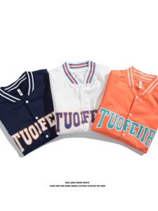 Retro American Letter Print Short Sleeve Mens Shirt Summer Trendy Streetwear Baseball Jacket Loose Fit Youth Fashion Polyester Fiber