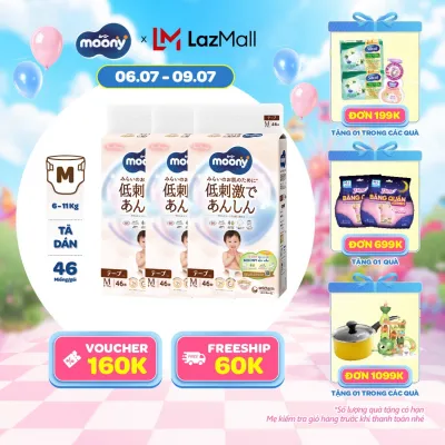 [SALE CUỐI THÁNG QUÀ SLCH] Combo 3 tã dán Moony Dịu Nhẹ siêu cao cấp M46 miếng - Nhập khẩu từ Nhật Bản