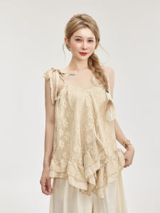 French Lace Trim Belted Strapless Shirt Women Summer Design Asymmetrical Hollow out Hook Flower Sleeveless Vest Shirt