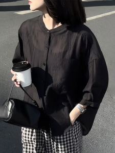 French Elegant Black Lyocell 3/4 Sleeve Womens Shirt Summer Loose Sun Protection Open Cardigan Top Casual Style round Neck