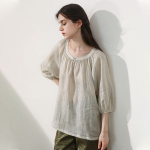 Miccbeirn | Pure Flax Womens T-shirt Glitter Spray Gold Bubble Sleeve Simple French Sweet Style Artistic Commute White Enhancing Top