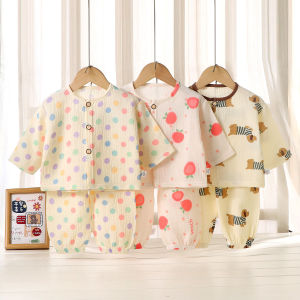 Childrens Cotton Pajamas Summer Thin Double Layer Gauze Home Clothes Pure Cotton Baby Air Conditioner Set Comfortable Breathable Sleepwear