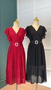 D11524 Pleated Open Hem Dress w/ Crystal Belt