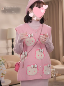 Spring Autumn Sleeveless Knitted Cardigan Sweater Loose Bottom Cartoon Design Base Layer Top New Arrival 2024 Thickened round Neck