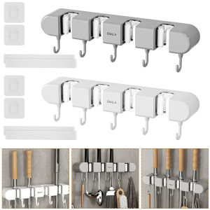 Mop and Broom Organizer Wall Mounted Broom Storage Rack with Hooks No Drilling Self-Adhesive Mop Broom Kitchens Organizer