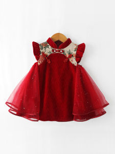 เสื้อผ้าปีใหม่เด็กผู้หญิงสีแดงชุดเดรสฤดูใบไม้ร่วงและฤดูหนาวสำหรับปีใหม่กระโปรงเจ้าหญิงสไตล์ตะวันตกสำหรับเด็กผู้หญิงกระโปรงกี่เพ้าสำหรับเด็ก