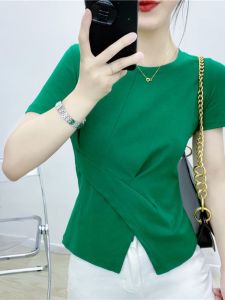 เสื้อยืดแขนสั้นผู้หญิงสไตล์เกาหลีฤดูร้อนปี 2023 ทรงหลวม ปกป้องแสงแดด สีสันสดใส ผ้าเดนิม ผ้าฝ้ายผสม