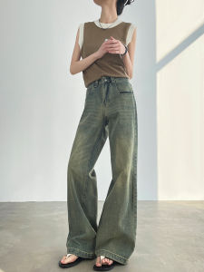 High Waist Wide Leg Denim Jeans Womens Mud Yellow Vintage Straight Leg Long Pants Spring New Style Casual Loose Fit Jeans