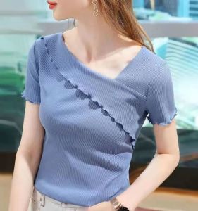 plus Size Ice Silk T-Shirt Women Summer Thin Design Short Sleeve Asymmetrical Collar Ear Shape Edge Top Korean Style Commute