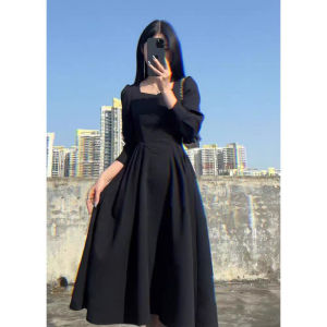 Elegant Ladylike Long Sleeve Coffee Color Dress High Waist A-Line Skirt Polyester Fiber Minimalist Style Autumn Season Dress