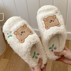 Thin Stripe K-style Ins Cute Bear Cotton Slippers Womens Autumn and Winter Interior Home Students Warm-Keeping Stuffed Cotton-Padded Shoes