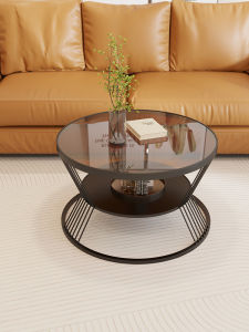 Luxury Glass Top round Coffee Table for Living Room Small Apartment Hotel Style Creamy Wind Internet Famous Table Home Use