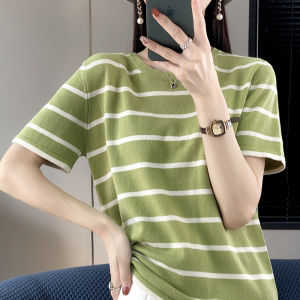 100% Pure Cotton Summer New Womens T-shirt round Neck Top Short Sleeve Loose Regular Knitted Sweater Stripe Thin Base Layer