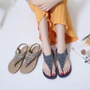 【 35-42 】New Mùa Hè Dép Thời Trang Kim Cương Giả Ren Bohemian Đàn Hồi Phẳng Dép Đi Trong Nhà Không Trượt Dép Giản Dị Lật Flops Giày Của Phụ Nữ