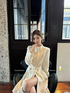 Elegant Winter Woolen Coat Womens Belted Waistcoat Lightweight Luxury Ladys Fashion Midi Length Buttoned Polyester Lining