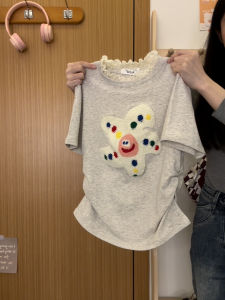 Cream Universe Cute Flocking Cartoon Shoulder Short Sleeve T-shirt Female Japanese Style Sweet Girl Short Tops Summer New Arrival