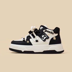 Korean Style High Top Sporty Panda Black White Womens Shoes Girls Casual Trendy Student Cross Buckle Flats round Toe Rubber