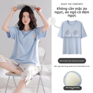 MiiOW | Bộ đồ ngủ cotton nguyên chất cho nữ mùa hè cổ tròn tay ngắn quần dài bảy điểm có đệm ngực họa tiết hoạt hình mặc ở nhà