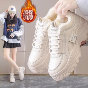 Womens Cotton Shoes Winter Fleece-Lined Clunky Sneaker Thickened Northeast Cotton Height Increasing Non-Slip Platform Shoes Cotton Sports Winter Shoes White Shoes